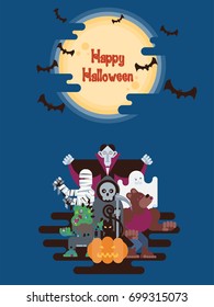 Halloween character group standing under glowing moon and clouds at night with bats in simple flat cartoon style