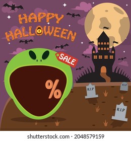 Cabeza de personaje de Halloween con cabeza extraterrestre en cementerio y palacio. Porcentaje, venta y fondo oscuro. Vector e Ilustración