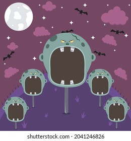 Halloween Character Head Design. Grey Zombie Character in Field and On Night. Vector And Illustration