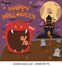 Halloween Character Head With Devil Head On Graveyard and Palace. Percent, Sale, and Dark Background. Vector and Illustration