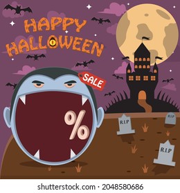 Halloween Character Head With Dracula Head On Graveyard and Palace. Percent, Sale, and Dark Background. Vector and Illustration