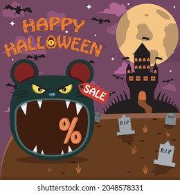 Halloween Character Head With Mouse Head On Graveyard and Palace. Percent, Sale, and Dark Background. Vector and Illustration