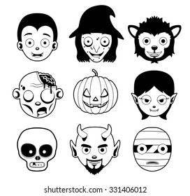 Halloween Character Heads Monochrome Cartoon Vector Illustration