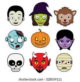 Halloween Character Heads Stroke Cartoon Vector Illustration