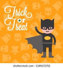 Halloween character hero bat boy costume on ghost background, flat design for use as poster or banner