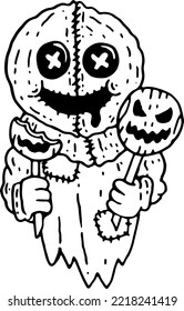 Halloween character holding candy