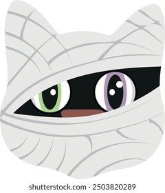 Halloween character for the holiday, namely a black cat in the form of a mummy in white bandages, vector