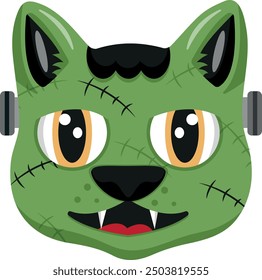 Halloween character for the holiday, namely the Frankenstein cat with scars and bolts in the head, vector