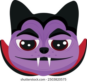 Halloween character for the holiday, namely a purple cat in the form of Dracula with a black cloak, vector