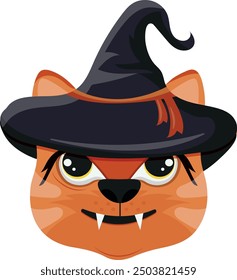  Halloween character for the holiday, namely a red-haired witch cat in a black hat, vector