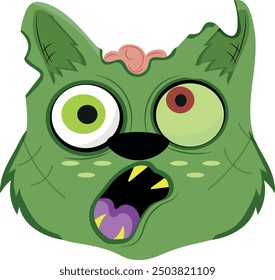 Halloween character for the holiday, namely a zombie cat with different eyes and an open brain, vector