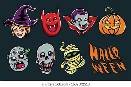 Halloween Character icon, Dracula, Devil, Pumpkin, Witch, Frankenstein, Mummy, Skull, and Halloween typography