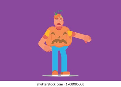 A Halloween character - An illustration of a boy with a pumpkin costume underestimate on something. This character illustration can use as a sticker also.