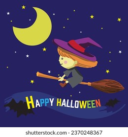 Halloween character illustration of a cute witch flying in the sky on a broom