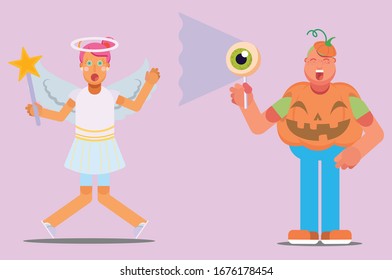 A Halloween character - An illustration of a fat boy wearing a pumpkin costume hypnotizes a cute girl. This character illustration can use as a sticker also.