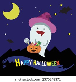 Halloween-Zeichentrickgrafik eines Geistes, der am Himmel schwebt