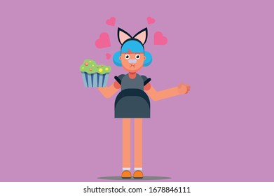 Halloween character - An illustration of a girl with a cat dress eating a cake. This character illustration can use as a sticker also.