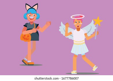 Halloween character - An illustration of a pretty girl wearing angel clothe meet her friend. This character illustration can use as a sticker also.