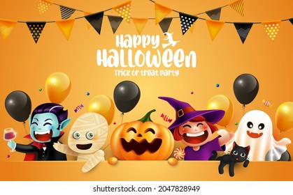 Halloween character with lettering and color flags garland, Halloween Background, Trick or Treat Concept, vector illustration