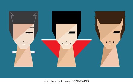 Halloween character monster icons of Frankenstein Dracula and Werewolf.