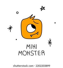 Monstruo de personajes de Halloween con la frase MINI MONSTER para Happy Spooky Season el 31 de octubre.  Ilustración vectorial de un espeluznante avatar de caricatura. 