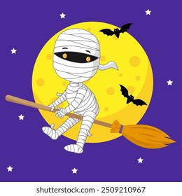 Ilustración de la momia del personaje de Halloween que vuela en palo de escoba con fondo de luna