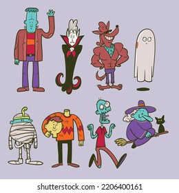 Halloween character poster design set with vampire, werewolf, frank, mummy, headless man, witch, zombie