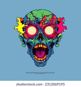 Halloween Character Psychedelic Zombie head vector art illustrations are a mesmerizing blend of vibrant colors and eerie details