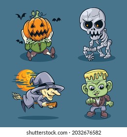 Halloween character pumpkin, skull, wicth and frankenstein vector collection
