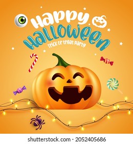 Halloween character pumpkin with typography. Happy Halloween jack o lantern Background, Trick or Treat Concept, vector illustration