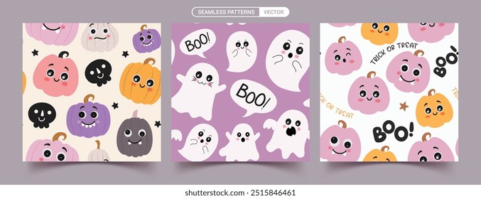 Halloween character seamless pattern vector set design. Seamless pattern of cute pumpkins, ghost and horror characters for wallpaper card collection. Vector illustration gift wrap trick or treat