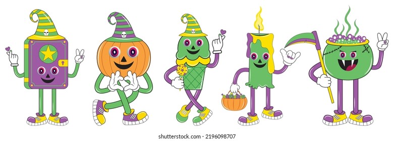 Halloween character set in cartoon comic style and halloween set of patches for design. Set of cute funny happy Halloween character. Perfect for scrapbooking, greeting card, party invitation, sticker.