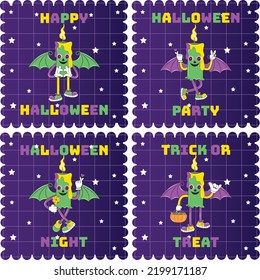 Halloween character set in cartoon comic style. Halloween character with different emotions and face expressions. Vintage Halloween character design. Halloween cartoon Badges, Label, Stamp and Postage