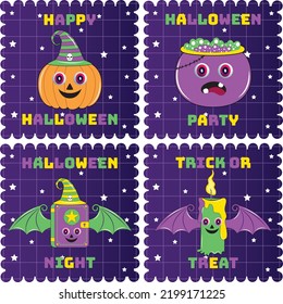 Halloween character set in cartoon comic style. Halloween character with different emotions and face expressions. Vintage Halloween character design. Halloween cartoon Badges, Label, Stamp and Postage
