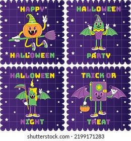 Halloween character set in cartoon comic style. Halloween character with different emotions and face expressions. Vintage Halloween character design. Halloween cartoon Badges, Label, Stamp and Postage