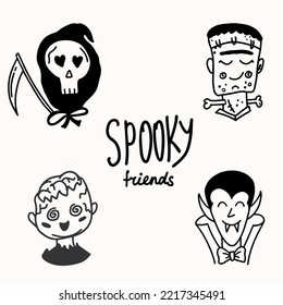 Halloween character set. Cute death, frankenstein, zombie and dracula.