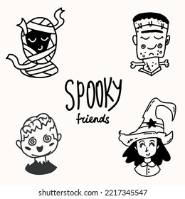 Halloween character set. Cute mummy, frankenstein, zombie and witch