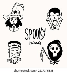 Halloween character set. Cute witch, dracula, frankenstein and death.