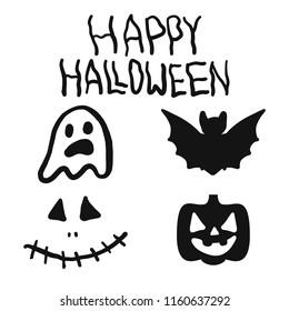 Halloween Character set with ghost, bat, pumpkin and scary face isolated in white