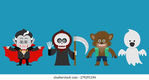 Halloween Character Set. Halloween Party Costume. Flat Design. Vector Illustration