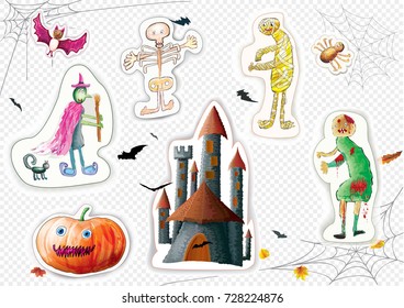 Halloween character set pumpkin, bat, zombie, witch, skeleton, mummy, dark castle on the white background. Vector