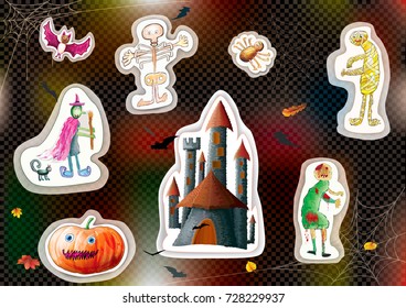 Halloween character set pumpkin, bat, zombie, witch, skeleton, mummy, dark castle on the black background. Vector