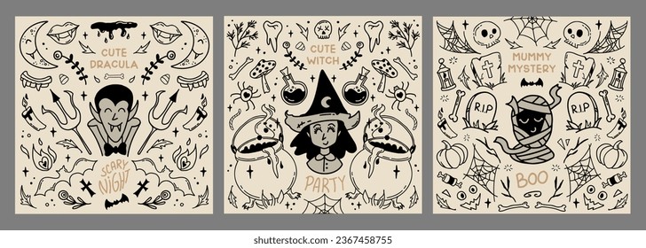 Halloween character set in retro vintage style. Cute mummy, witch and vampire 