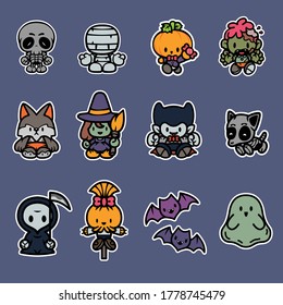 Halloween Character, Set of stickers, Vector illustration
