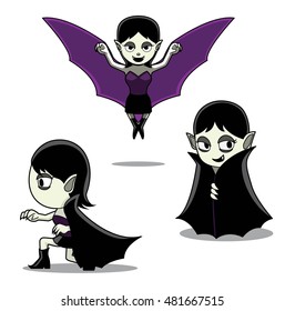 Halloween Character Set Vampire Girl Cartoon Vector Illustration Stroke