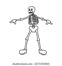 Halloween character skeleton in retro style. Skeleton pointing fingers to the sides. Isolated vector illustration