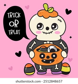 Personagem de Halloween Caveira desenho animado segurando abóbora doce jack o lanterna. Série: Groovy Retro desenho de desenhos animados kawaii (truque ou tratadores) Festa de festas de crianças. Perfeito faz um desejo de fundo