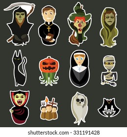 Halloween character stickers. Isolated dark background