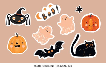 Halloween character stickers set isolated on beige.Cartoon spider in hat,cute ghost, black cat, pumpkin with face,funny bat.Colorful designs for use in banner,card,invitation.Vector flat illustration.