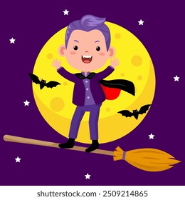 personagem halloween vampiro ilustração voando em vassoura com fundo da lua